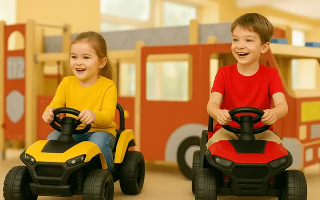 Kinder fahren lachend Elektro-Quads in der Kids Alley